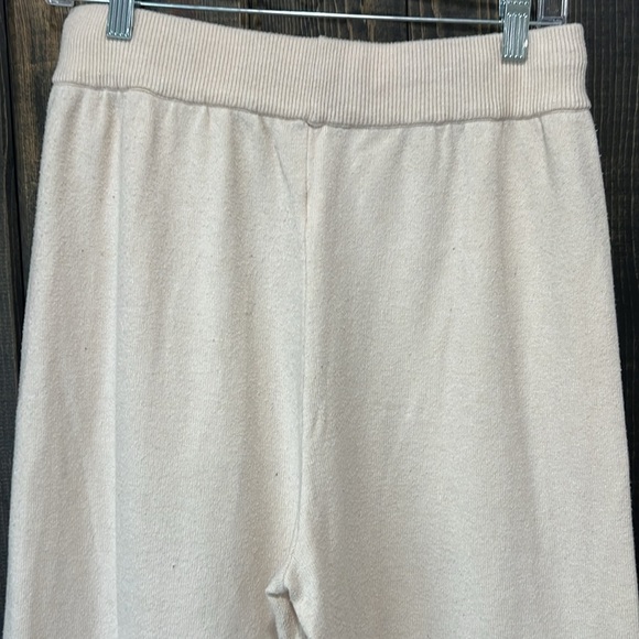 Wide Leg High Waist Pants L Cream Ribbed Boho Stretch Sweatpants Drawstring - Picture 7 of 8